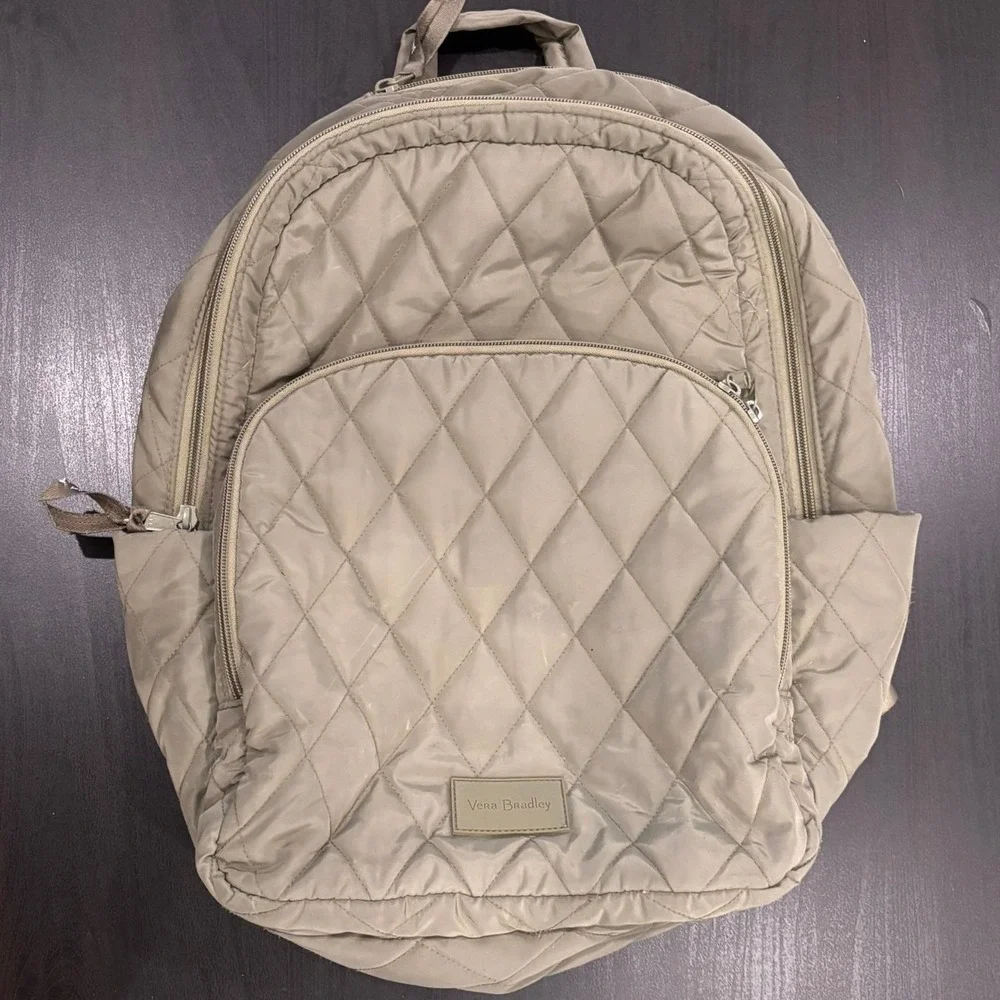 Vera Bradley Quilted Backpack Sage Green Floral Lining Large School Travel Bag